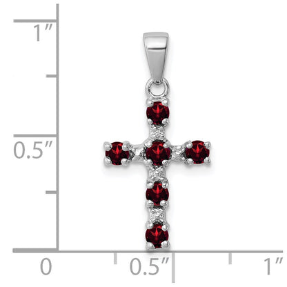 Sterling Silver Rhodium-Plated Garnet & Diamond Accent Cross Pendant
