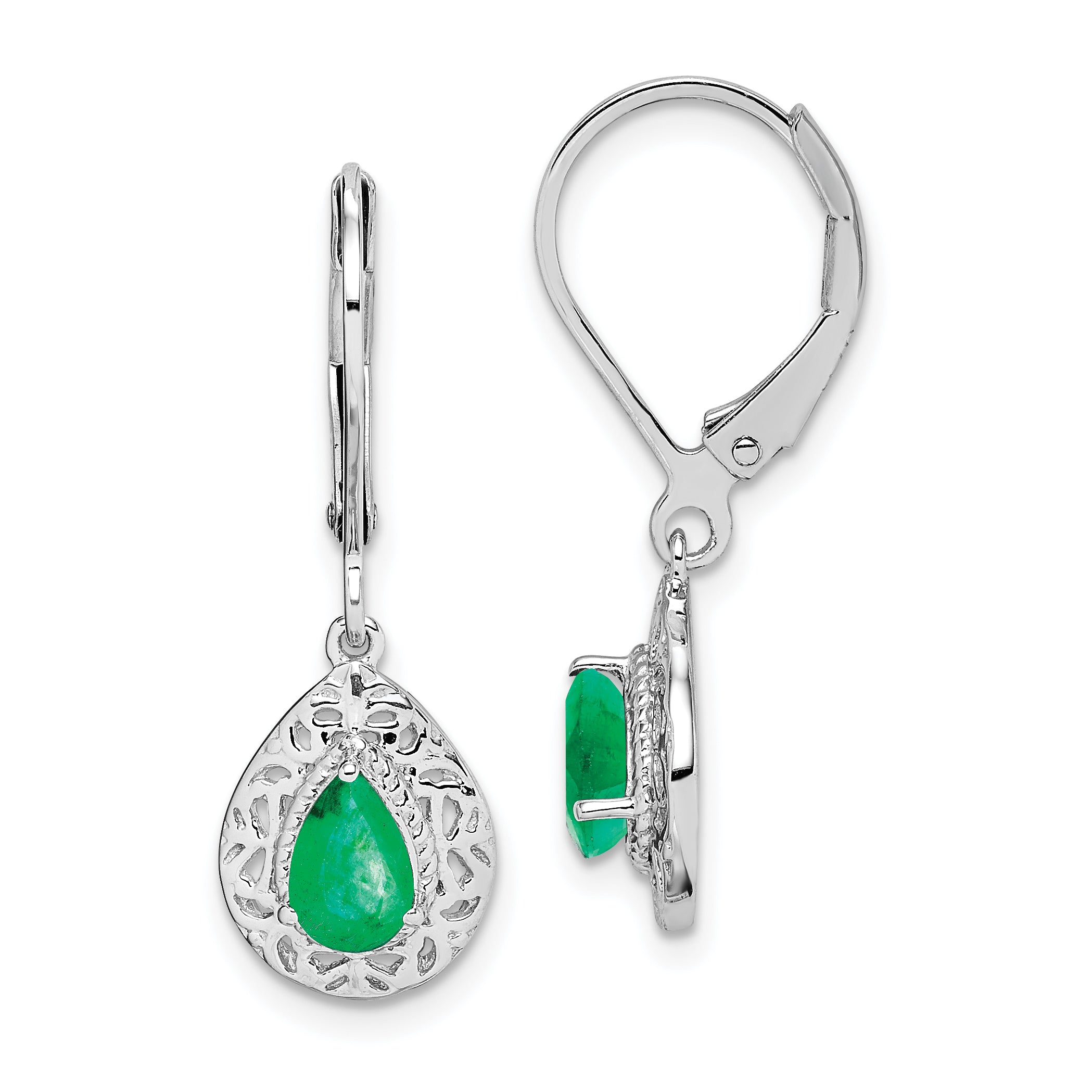 Sterling Silver Rhodium-Plated Emerald Teardrop Lever Back Earrings