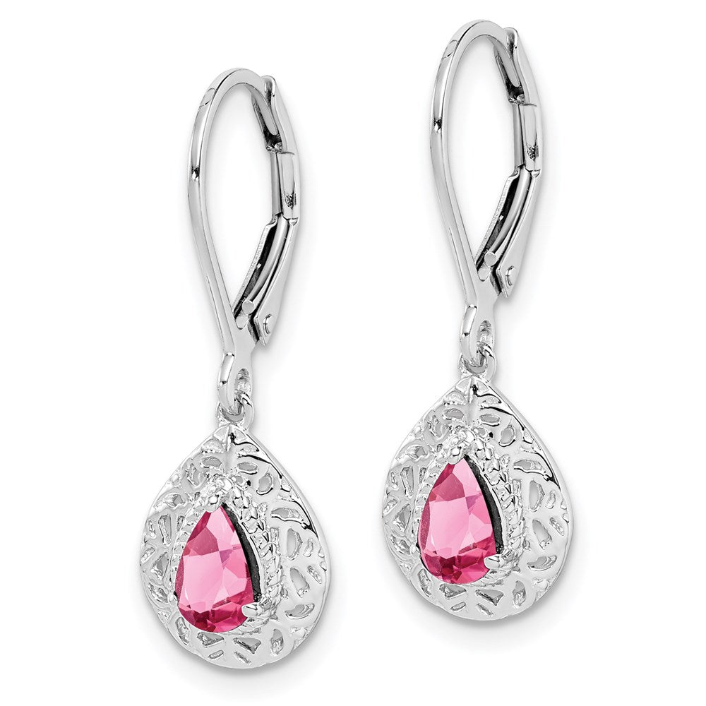 Sterling Silver Rhodium-Plated Pink Tourmaline Lever Back Earrings