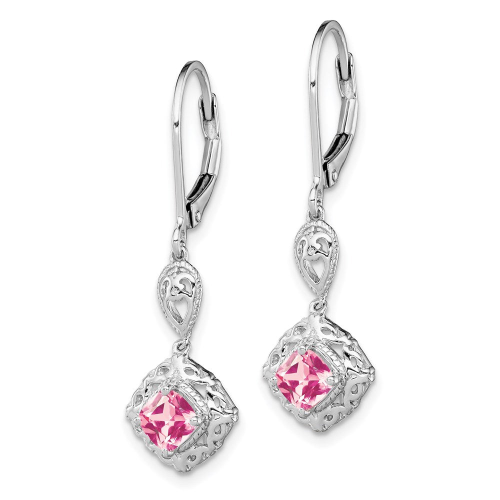 Sterling Silver Rhodium-Plated Pink Tourmaline Lever Back Earrings