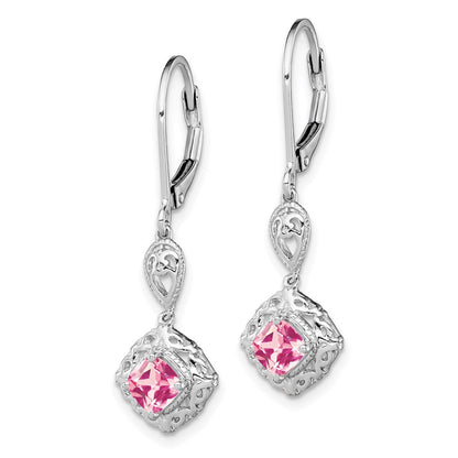 Sterling Silver Rhodium-Plated Pink Tourmaline Lever Back Earrings