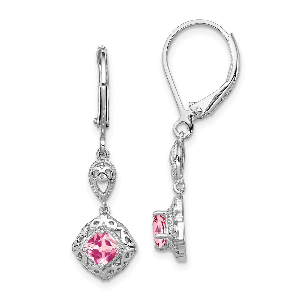 Sterling Silver Rhodium-Plated Pink Tourmaline Lever Back Earrings