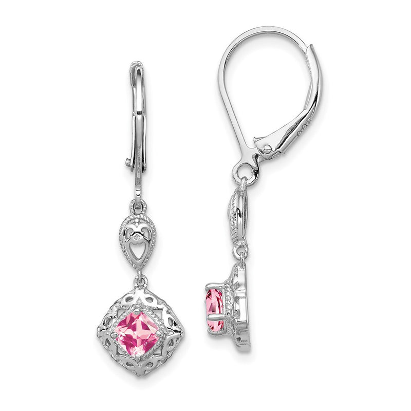Sterling Silver Rhodium-Plated Pink Tourmaline Lever Back Earrings