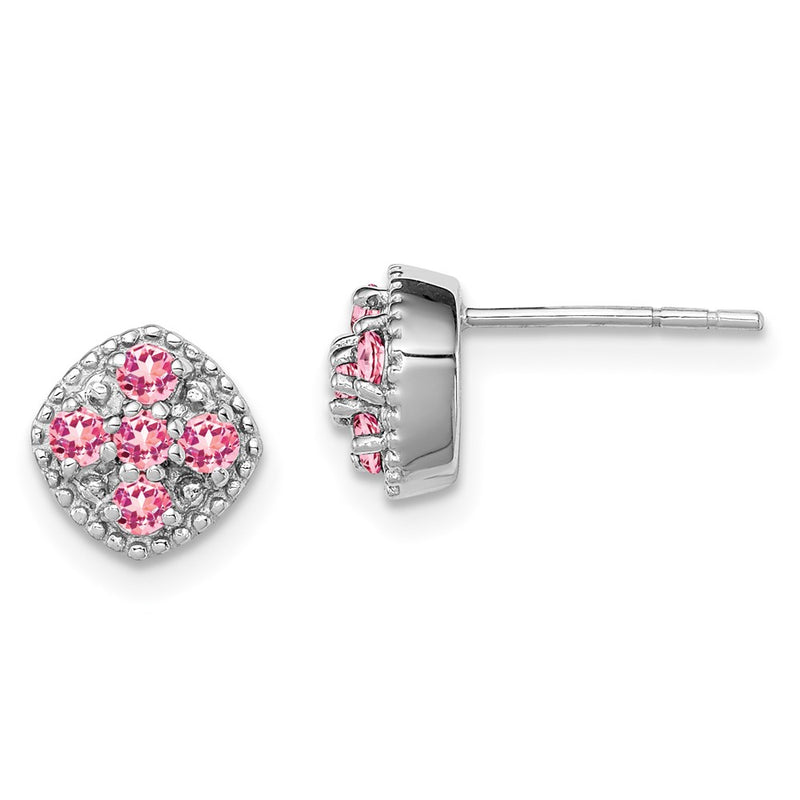 Sterling Silver Rhodium-Plated Pink Tourmaline Square Earrings