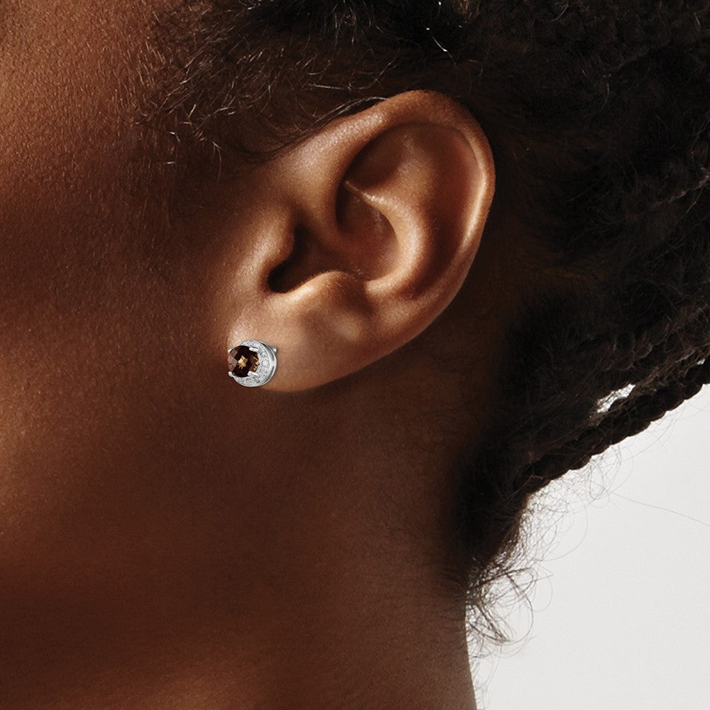 Sterling Silver Rhodium-Plated Diamond And Smoky Quartz Earrings