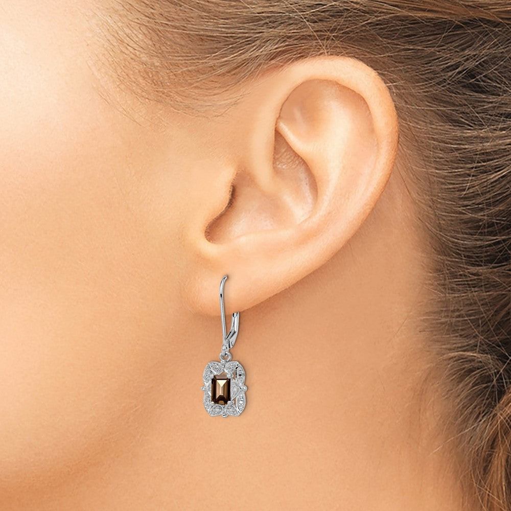 Sterling Silver Rhodium-Plated Diamond And Smoky Quartz Earrings