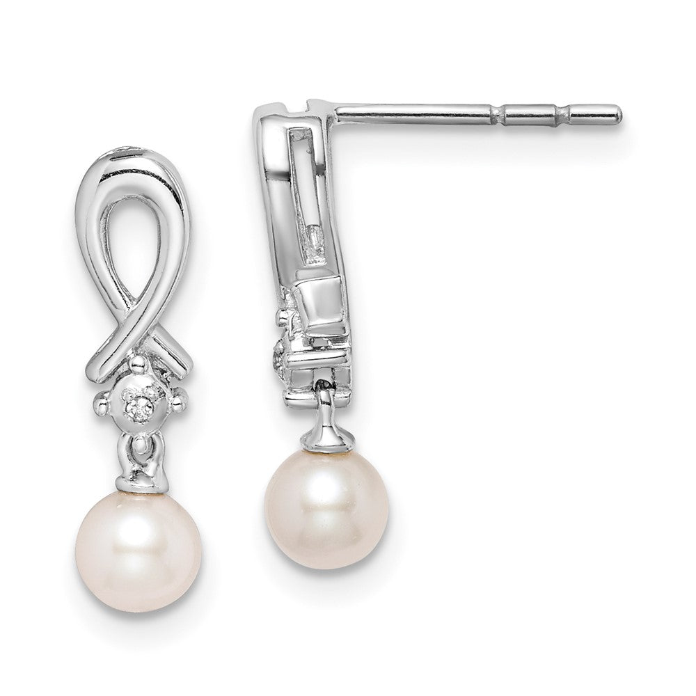 Sterling Silver Rhodium-Plated Fw Cultured Pearl Diamond Earrings
