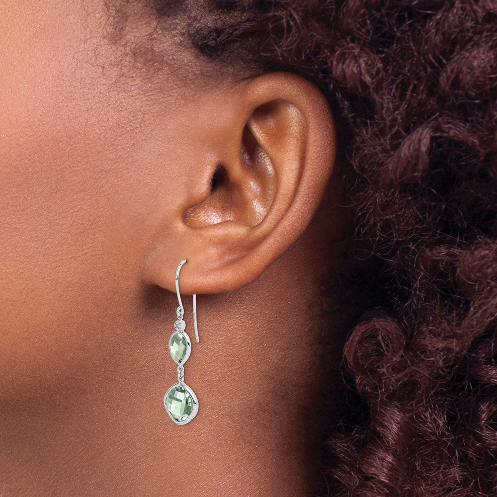 Sterling Silver Rhodium Plated Diamond And Green Quartz Earrings