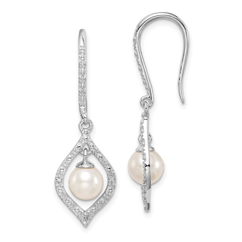 Sterling Silver Rhodium Plated Diamond And Fw Cultured Pearl Ear