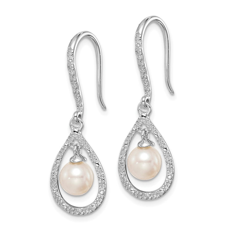 Sterling Silver Rhod Plated Dia. And Fw Cultured Pearl Dangle Ear