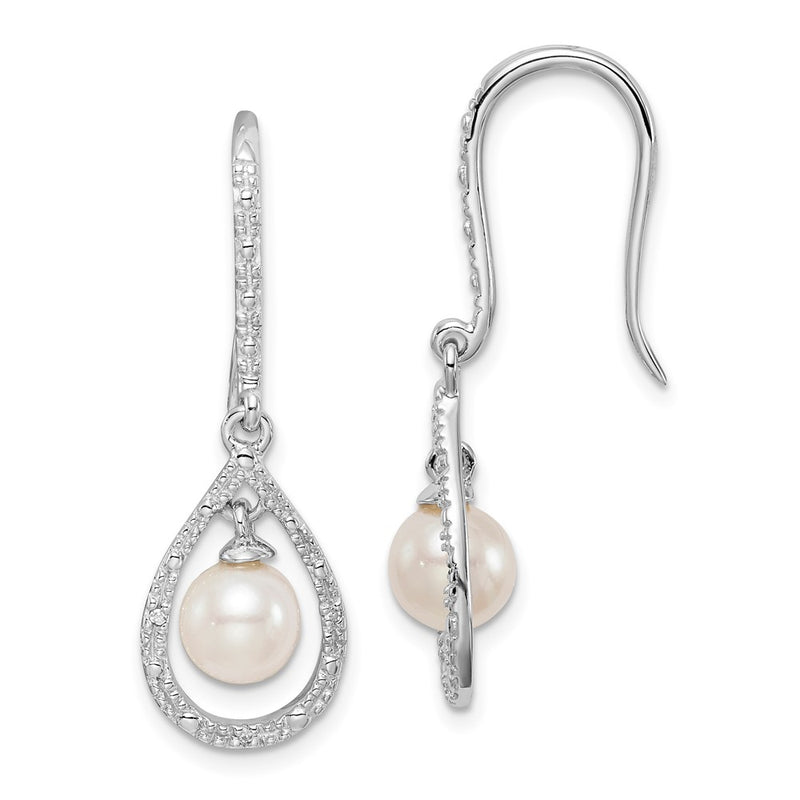 Sterling Silver Rhod Plated Dia. And Fw Cultured Pearl Dangle Ear