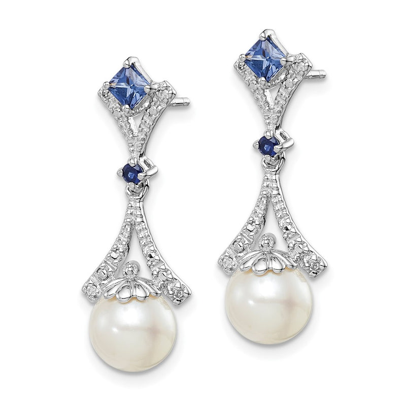 Sterling Silver Rhod Plated Dia. Fw Cultured Pearl/Cr. Sapphire Ear