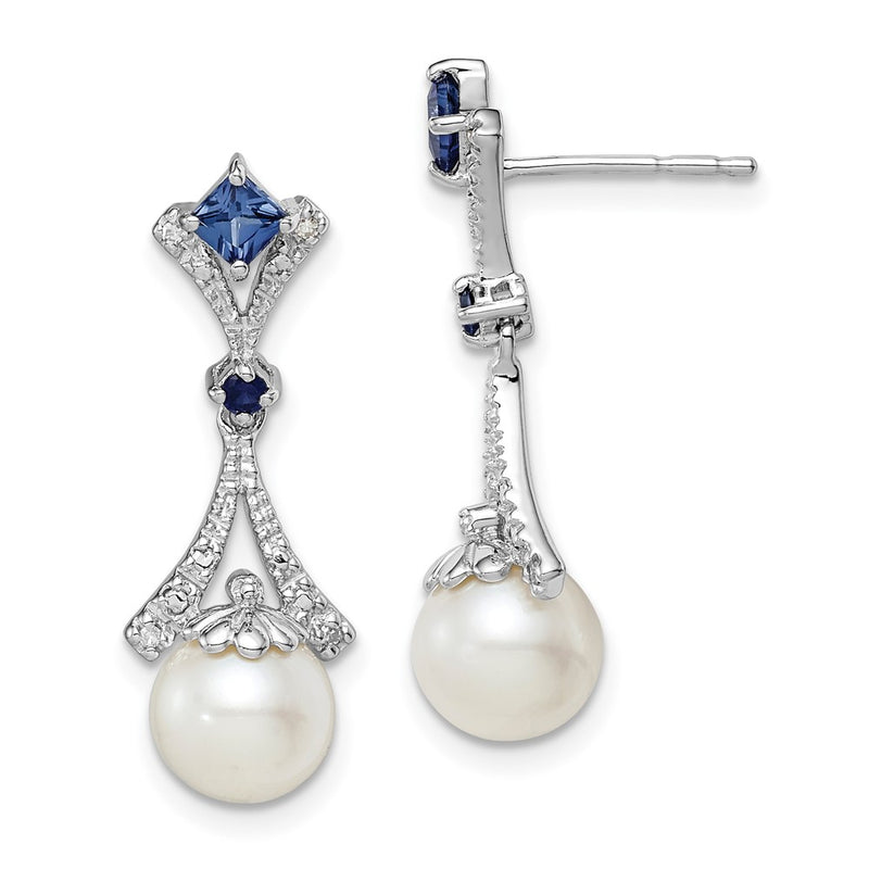 Sterling Silver Rhod Plated Dia. Fw Cultured Pearl/Cr. Sapphire Ear