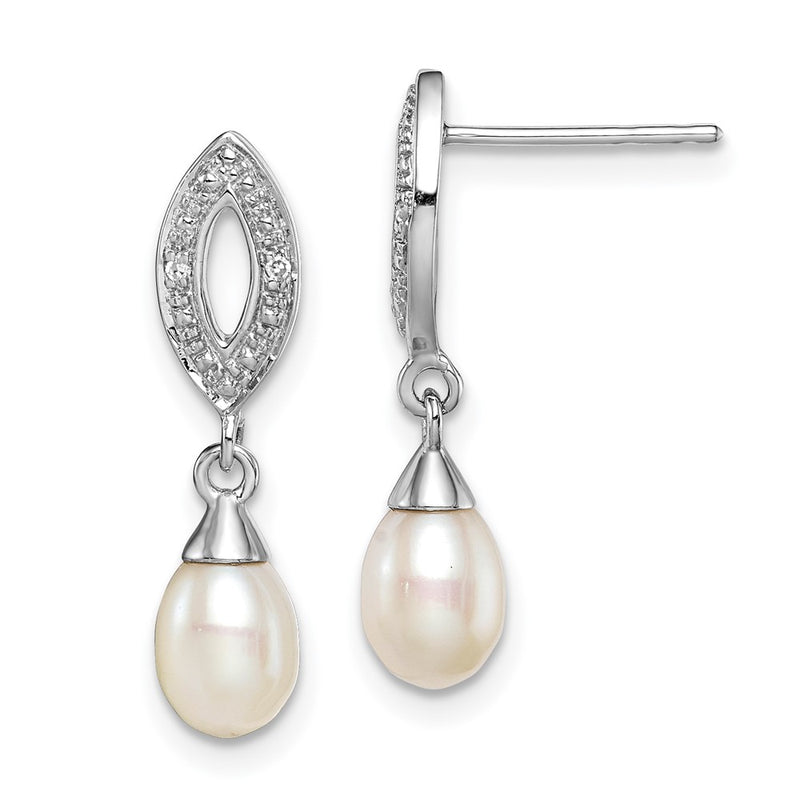 Sterling Silver Rhod Plated Diamond And Fw Cultured Pearl Post Ear