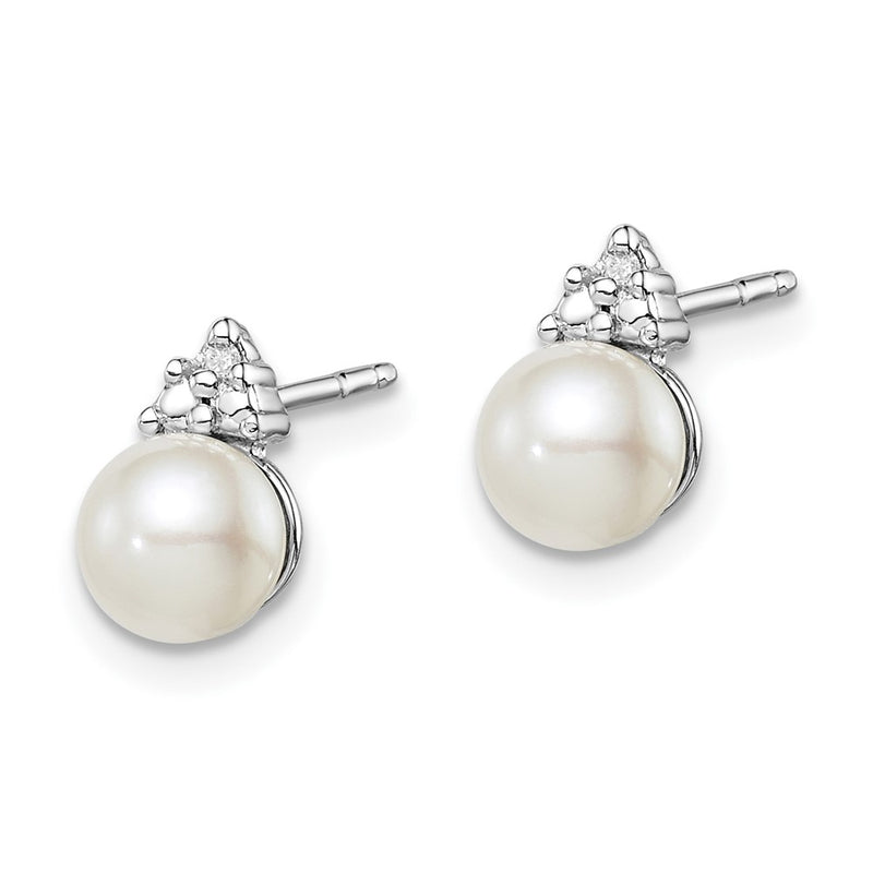 Sterling Silver Rhod Plated Diamond And Fw Cultured Pearl Post Ear