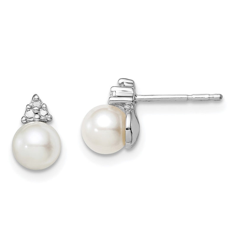 Sterling Silver Rhod Plated Diamond And Fw Cultured Pearl Post Ear