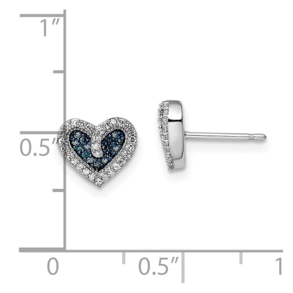 Sterling Silver White Night Rhodium-Plated Blue And Diamond Heart Post Earrings