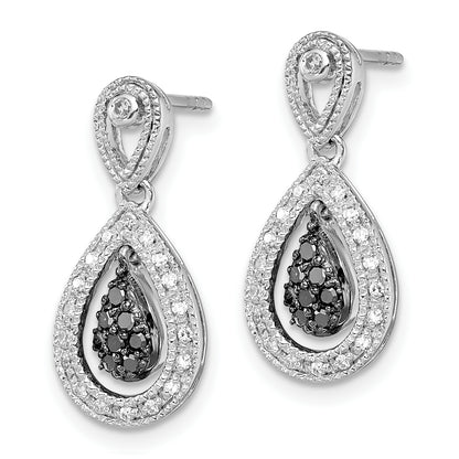 Sterling Silver White Night Rhodium-Plated Black And Diamond Double Teardrop Dangle Post Earrings