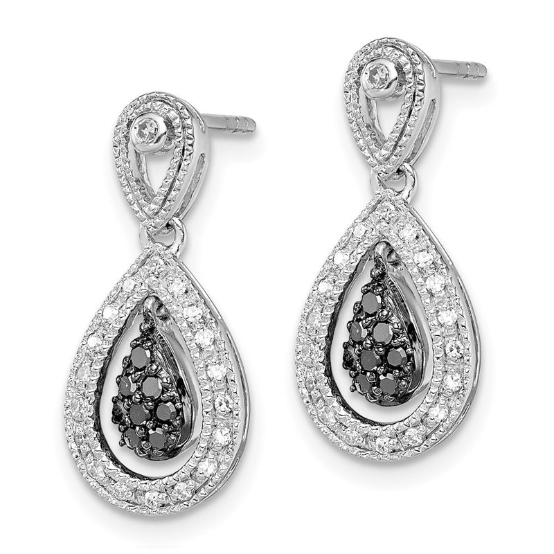 Sterling Silver White Night Rhodium-Plated Black And Diamond Double Teardrop Dangle Post Earrings