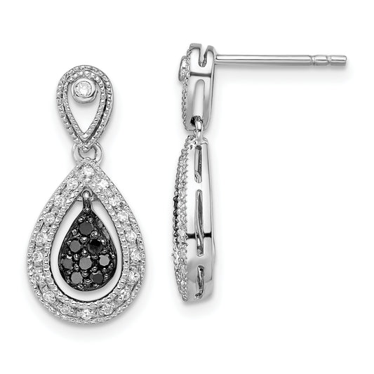 Sterling Silver White Night Rhodium-Plated Black And Diamond Double Teardrop Dangle Post Earrings