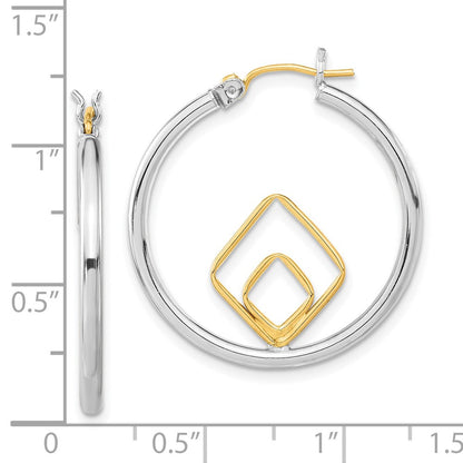 Sterling Silver & 14Ky Polished Diamond-Shape Round Hoop Earrings