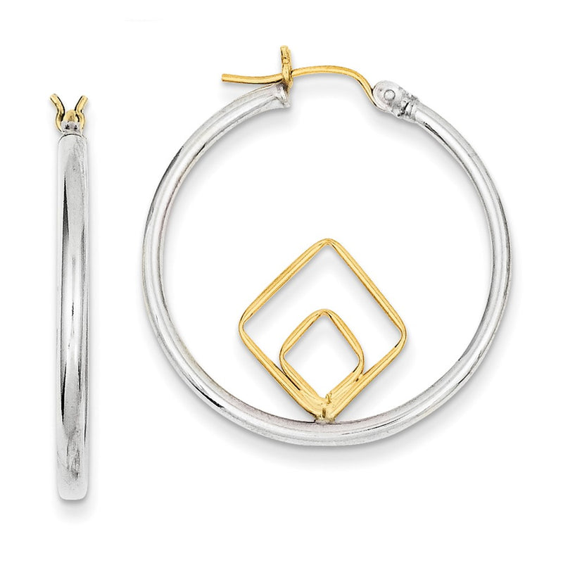 Sterling Silver & 14Ky Polished Diamond-Shape Round Hoop Earrings