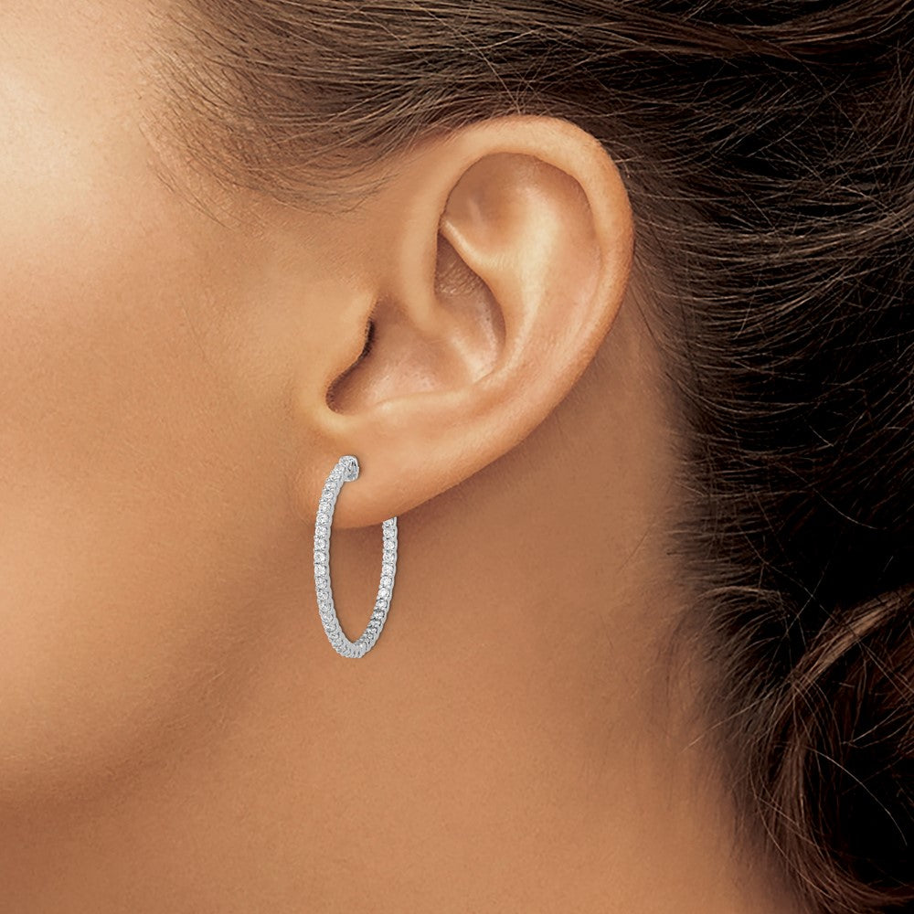 Sterling Silver Shimmer Rhodium-Plated 74 Stone 1.7mm Cz In And Out Round Hinged Hoop Earrings