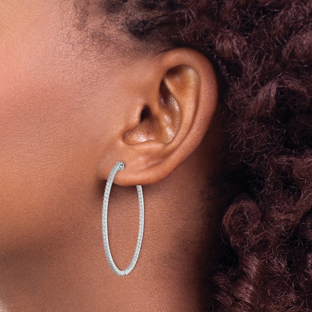 Sterling Silver Shimmer Rhodium-Plated 132 Stone 1.25mm Cz In And Out Oval Hinged Hoop Earrings