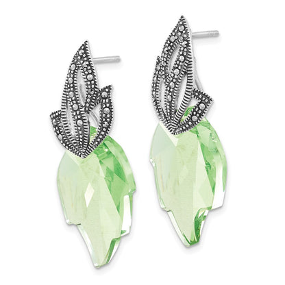 Sterling Silver Polished & Antiqued Marcasite Swarovski Crystal Leaf Post Dangle Earrings