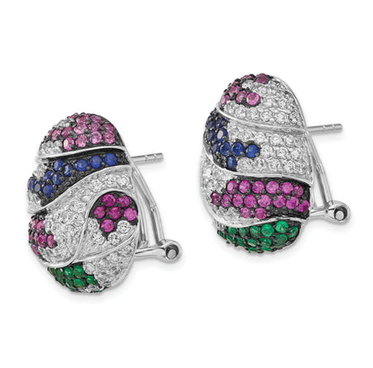 Sterling Silver W/ Black Rhodium Blue & Green Glass, Synthetic Ruby Cz Omega Back Earrings