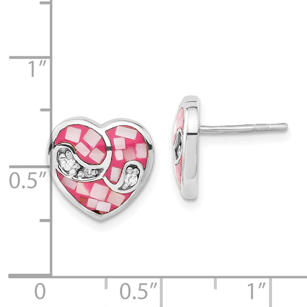 Sterling Silver Mosaic Pink Mother Of Pearl & Cz Heart Post Earrings