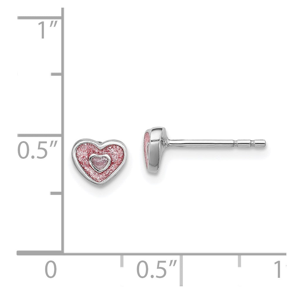 Sterling Silver Rhodium-Plated Polished Pink Glitter Enamel Heart Children'S Post Earrings