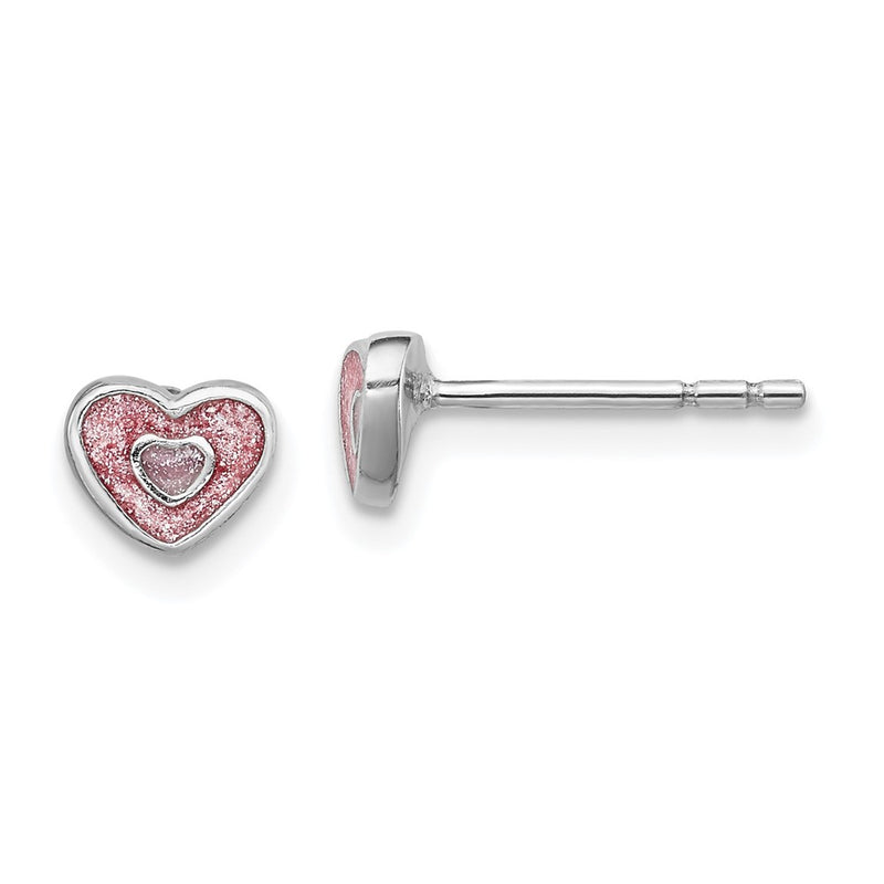 Sterling Silver Rhodium-Plated Polished Pink Glitter Enamel Heart Children'S Post Earrings