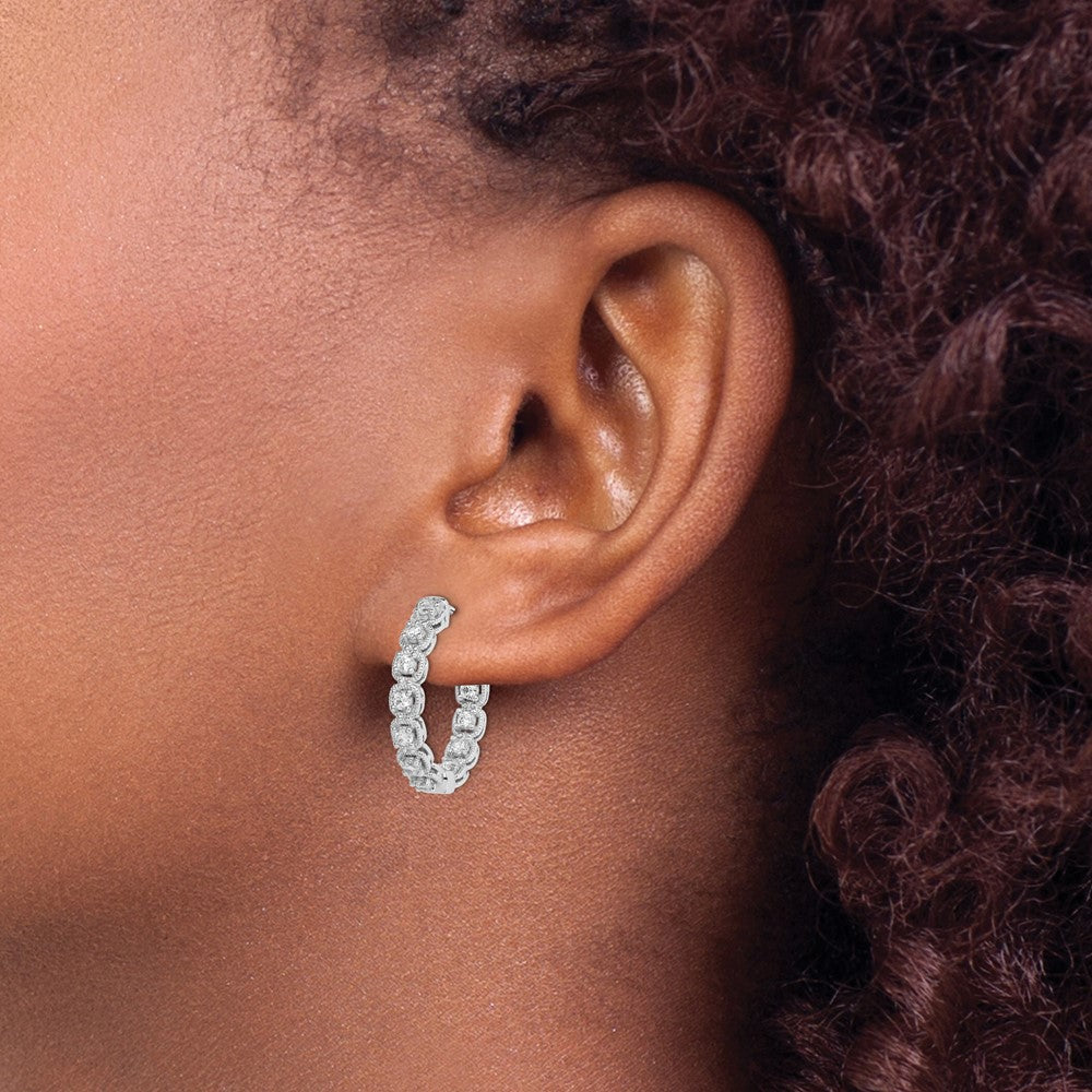 Sterling Silver Shimmer Rhodium-Plated 22 Stone 2.0mm Cz In And Out Round Hinged Hoop Earrings