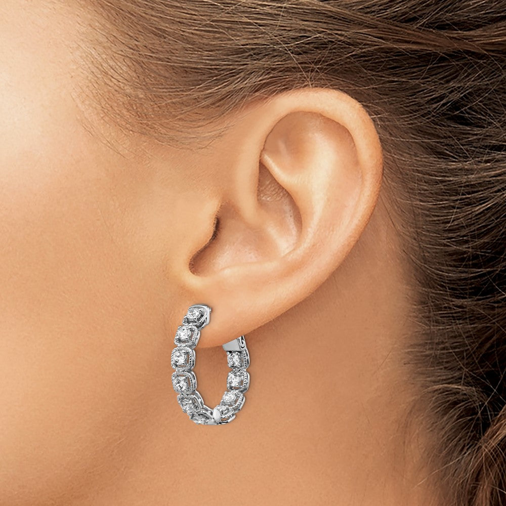 Sterling Silver Shimmer Rhodium-Plated 20 Stone 2.5mm Cz In And Out Oval Hinged Hoop Earrings