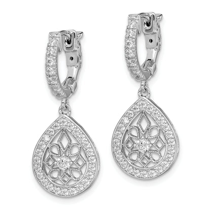 Sterling Silver Shimmer Rhodium-Plated 64 Stone Cz Teardrop Dangle Hinged Hoop Earrings