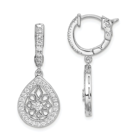 Sterling Silver Shimmer Rhodium-Plated 64 Stone Cz Teardrop Dangle Hinged Hoop Earrings
