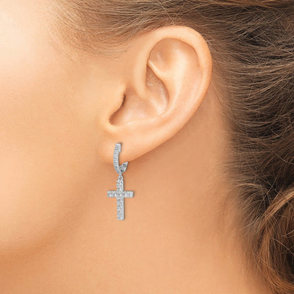 Sterling Silver Shimmer Rhodium-Plated 36 Stone Cz Cross Dangle Hinged Hoop Earrings