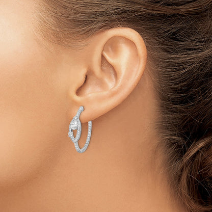 Sterling Silver Shimmer Rhodium-Plated 88 Stone Cz Fancy In And Out Oval Hinged Hoop Earrings
