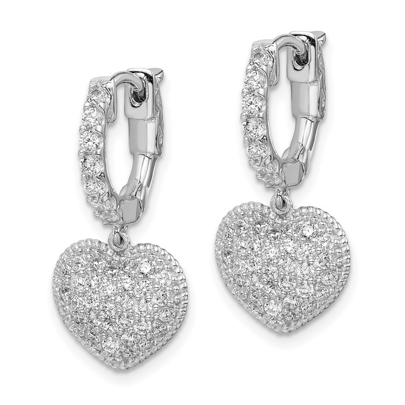 Sterling Silver Shimmer Rhodium-Plated 86 Stone Cz Pav Heart Dangle Hinged Hoop Earrings