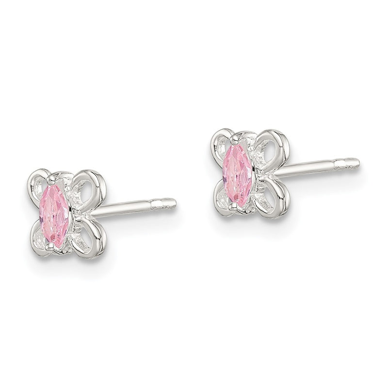Sterling Silver Polished Pink Cz Butterfly Children'S Post Earrings