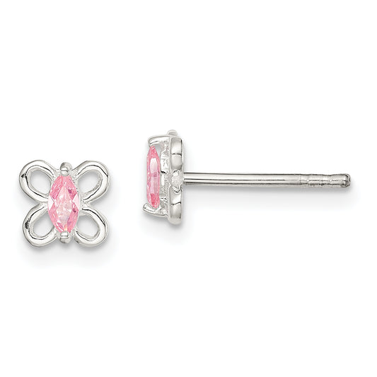 Sterling Silver Polished Pink Cz Butterfly Children'S Post Earrings