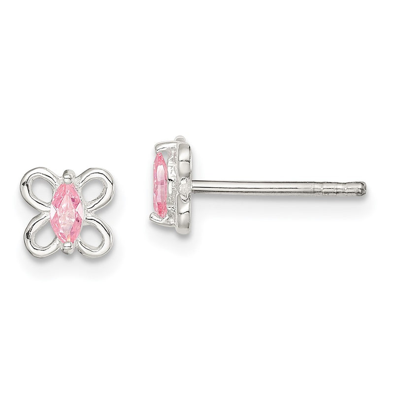 Sterling Silver Polished Pink Cz Butterfly Children'S Post Earrings