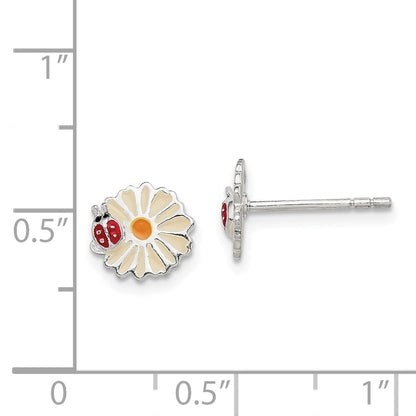 Sterling Silver Polished & Multi-Color Enameled Flower Ladybug Children'S Post Earrings