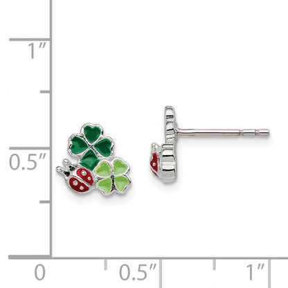Sterling Silver Enamel Ladybug & Clovers Children'S Post Earrings