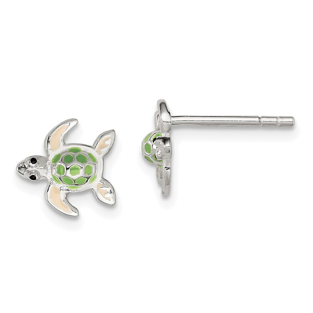 Sterling Silver Polished Multi-Color Enameled Sea Turtle Children'S Post Earrings