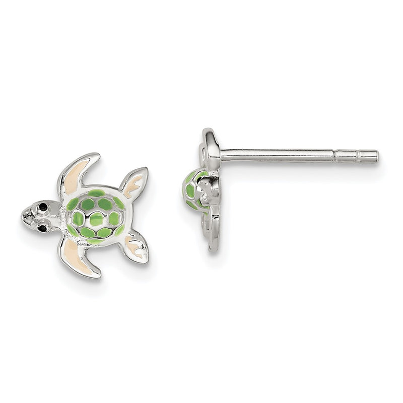 Sterling Silver Polished Multi-Color Enameled Sea Turtle Children'S Post Earrings