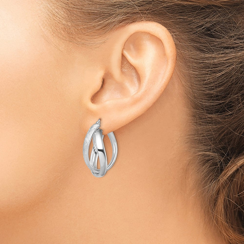 Sterling Silver Rhodium-Plated Textured & Twisted Oval Hoop Earrings