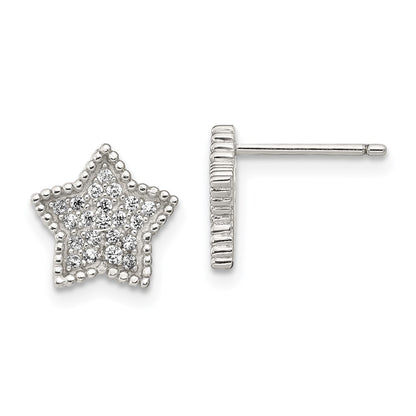 Sterling Silver Rhodium-Plated Polished Cz Moon And Star Post Earrings
