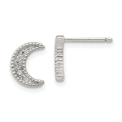 Sterling Silver Rhodium-Plated Polished Cz Moon And Star Post Earrings